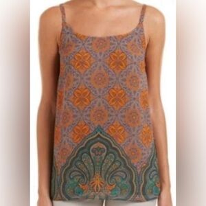 CABI size SMALL adjustable spaghetti strapped orange & gray patterned tank top.